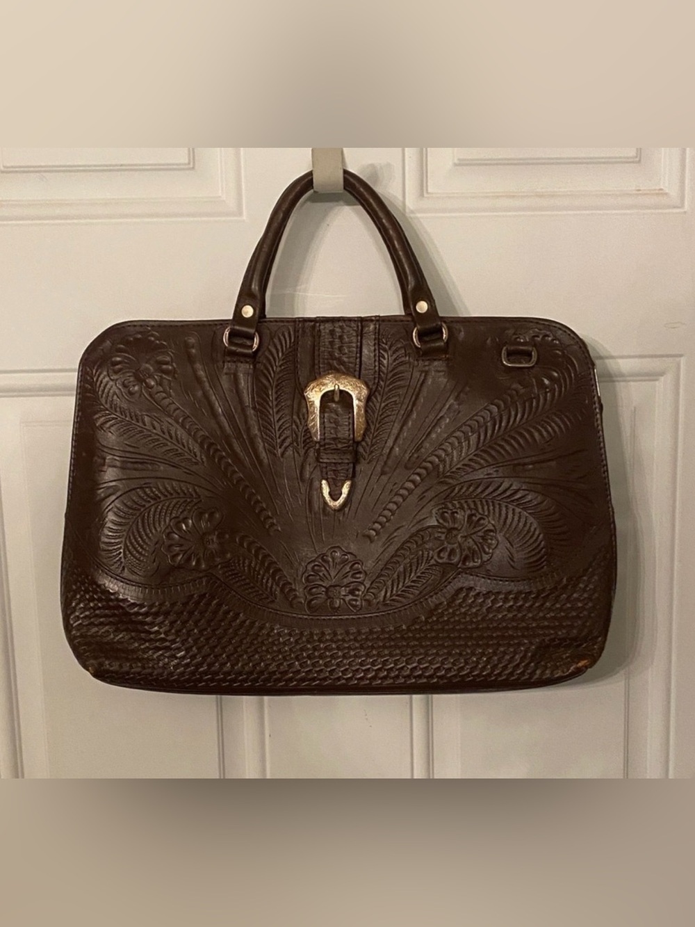 American West Hand Tooled Leather Zippered Satchel Bag